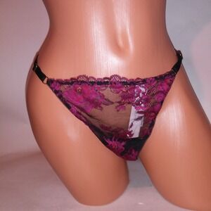 Victoria Secret Panty V String Thong XL Pink Black Allover Lace Floral Sheer New